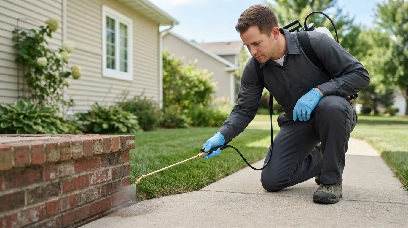 Pest control technician treating a home near Champlain, NY